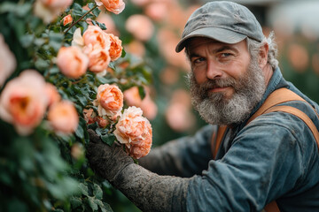 Man in hat tending to rose bush.
