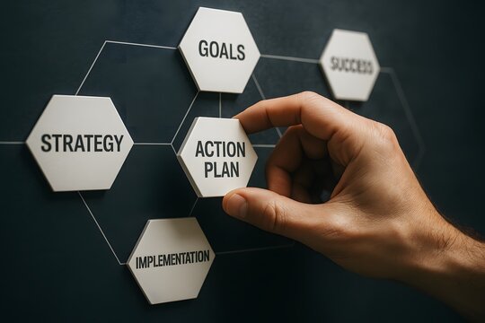 A hand slots an “action plan” hexagon into a strategy workflow diagram. Concept of project management and goal alignment