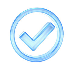 Glossy blue check mark inside a circle isolated on transparent background