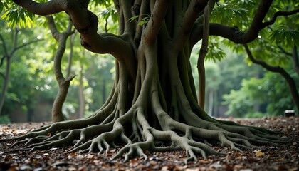 Large Tree with Exposed Roots in Forest
