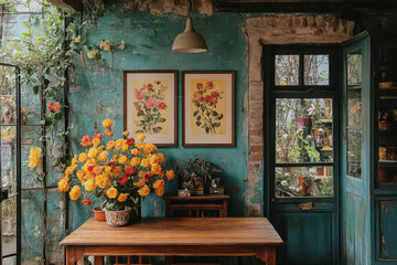 Flowers on a table by a window in a room.