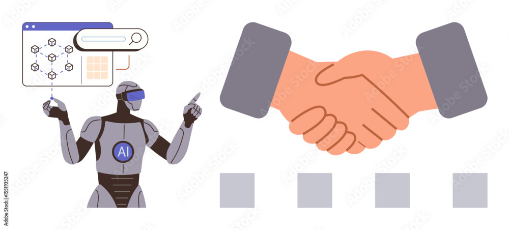 Poster ai robot with data visualization and handshake representing innovation, collaboration, digital solut