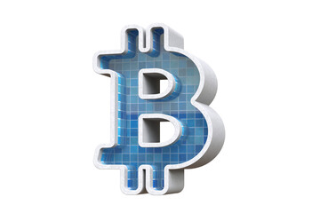 3D pool Bitcoin logo with a blue ceramic tile texture suitable for mempool and coin mixing concepts. High quality 3D rendering.