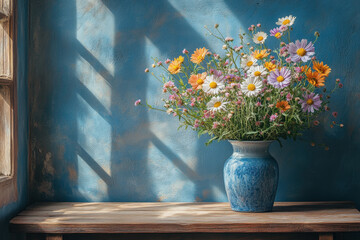 Vase of flowers on wooden table.