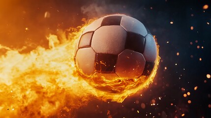 Fototapeta premium A soccer ball engulfed in bright flames, soaring dynamically against a black background, conveying energy and intensity. 