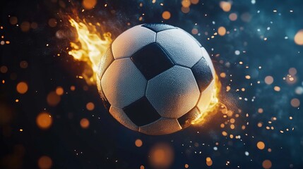 Fototapeta premium A soccer ball engulfed in bright flames, soaring dynamically against a black background, conveying energy and intensity. 