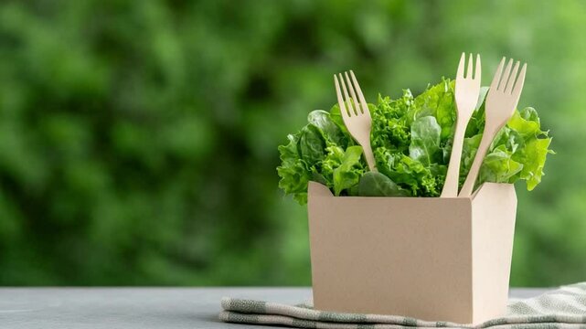 Fresh Salad Presentation: A visual composition of fresh, vibrant green salad and wooden forks arranged inside a sustainable carton, the natural scene speaks of healthy eating