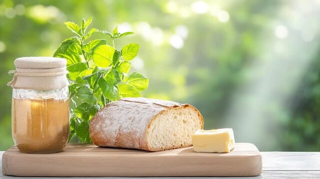 A Simple Breakfast: A still-life composition featuring a loaf of crusty bread, a pat of butter, and a jar of honey alongside vibrant greenery, creating a rustic.