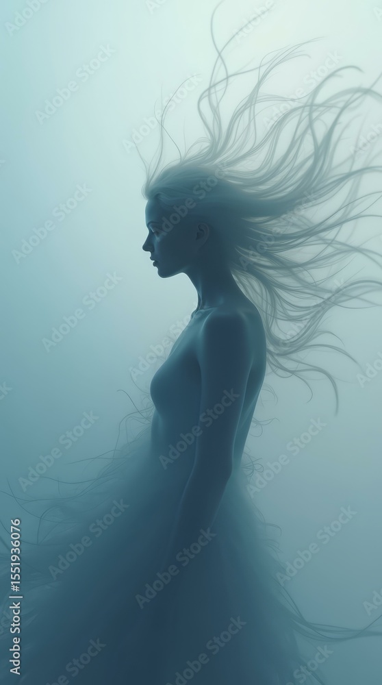 Poster soft blue vertical background with dissolving form – story concept for self-erosion