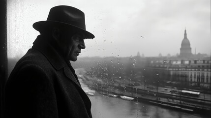 Close-up black and white photograph of a man, seemingly older, wearing a fedora, standing by a window overlooking a city.  He is the focal point, taking up a significant portion of the frame.