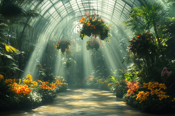 Sunbeams illuminate a tropical garden walkway.