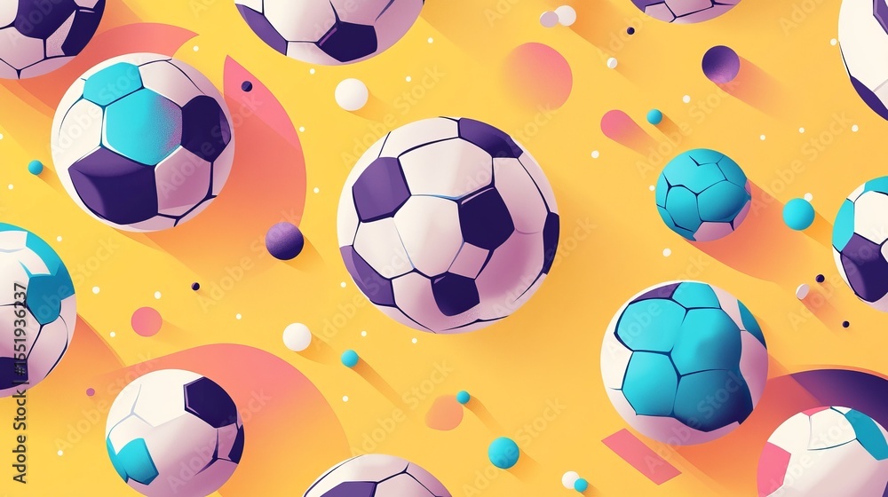 Poster a dynamic background featuring multiple soccer balls scattered or arranged in a seamless pattern.
