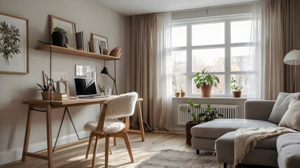 Scandinavian Living Room with Home Office Setup – Bright Minimal Design