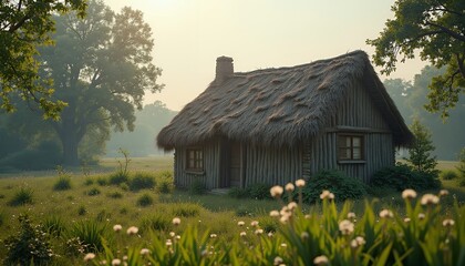 Rustic Cottage in Meadow with Thatched Roof