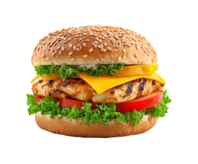 Grilled chicken burger with cheese and fresh vegetables for lunch