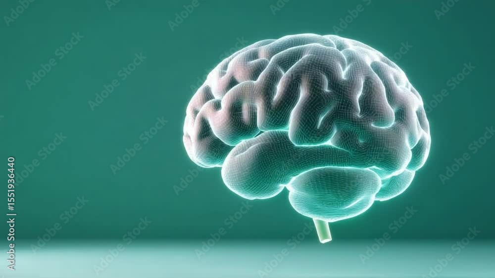 Poster illuminated brain on teal background: a luminous representation of the human brain floats against a 