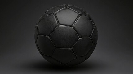 Fototapeta premium Vector 3D illustration of a black leather soccer ball set against a black background. The realistic design highlights detailed stitching, glossy texture
