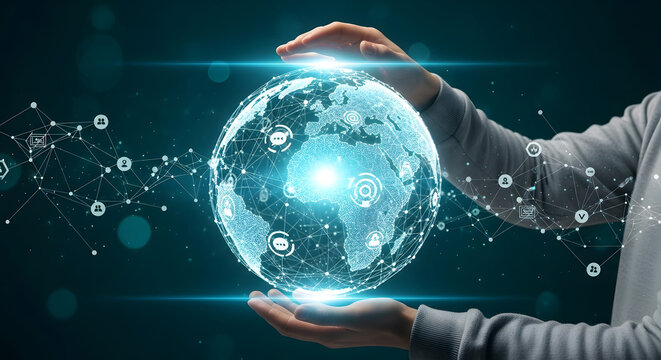 Hands holding a glowing digital globe connected by a network of communication icons on a dark background.