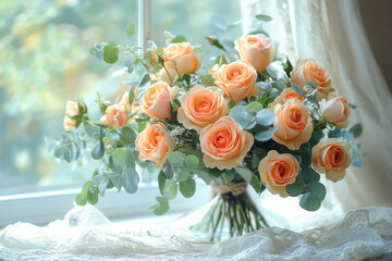 Peach roses on lace tablecloth.