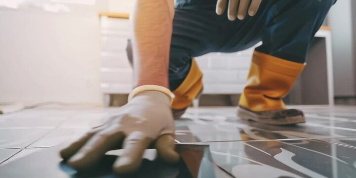 Fliesenleger putzt Fliesenboden im Badezimmer