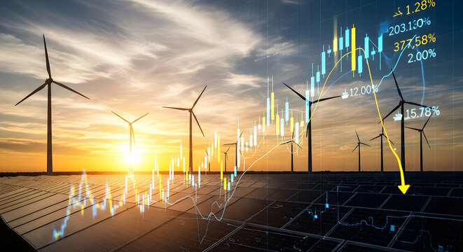 Renewable energy sector financial growth and performance analysis at sunset.