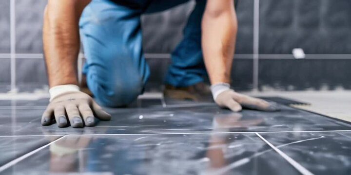 Fliesenleger verlegt Bodenplatten im Badezimmer