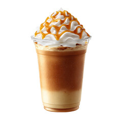 Delicious caramel frappe coffee with whipped cream and caramel drizzle isolated on transparent background