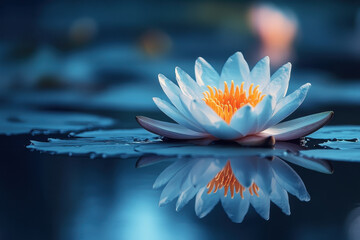 White water lily with orange center on dark blue surface.