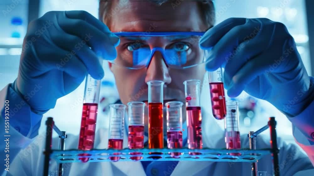 Poster scientist examining test tubes in a laboratory. close-up view of a scientist's focused expression as