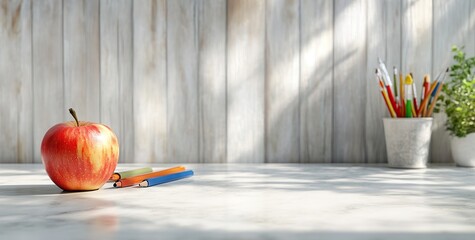 Photo of a white marble countertop with an apple and art supplies on it,