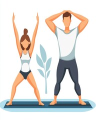 Obraz premium Fitness Partners Practicing Yoga Poses on Mats with Green Plant