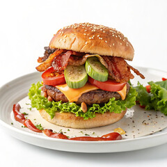 A cheeseburger with fresh tomatoes and lettuce, presented on a white plate
