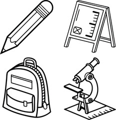 "Education and School Line Icons Featuring Backpack, Pencil, Blackboard, and Microscope"