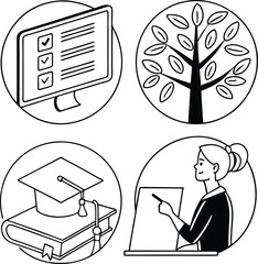 "Education and Learning Line Icons Set with Teacher, Graduation Cap, and Computer"