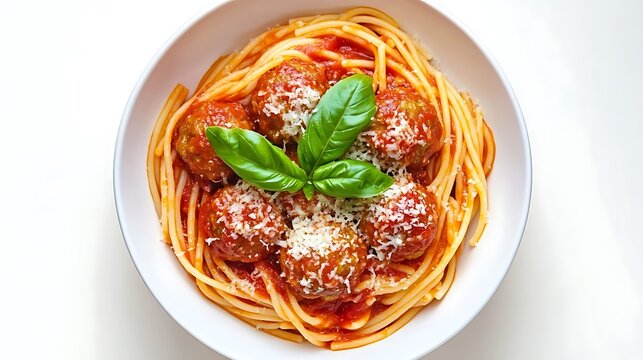 Spaghetti with meatballs parmesan and tomato sauce top view isolated on plain white background