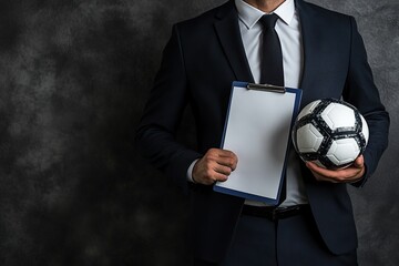 Photo of a soccer coach in a suit holding a white clipboard and a ball, isolated on a dark grey background