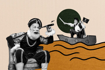 Trend artwork creative sketch 3D collage of fashion historical medieval aged man sit armchair look...