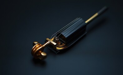 Photo of a violin on a black background for text, close-up view with copy space area on the right side
