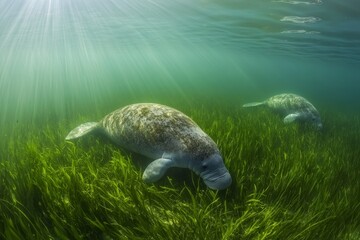 Obraz premium Two manatees swimming and feeding in a lush seagrass meadow with sunlight streaming through clear waters