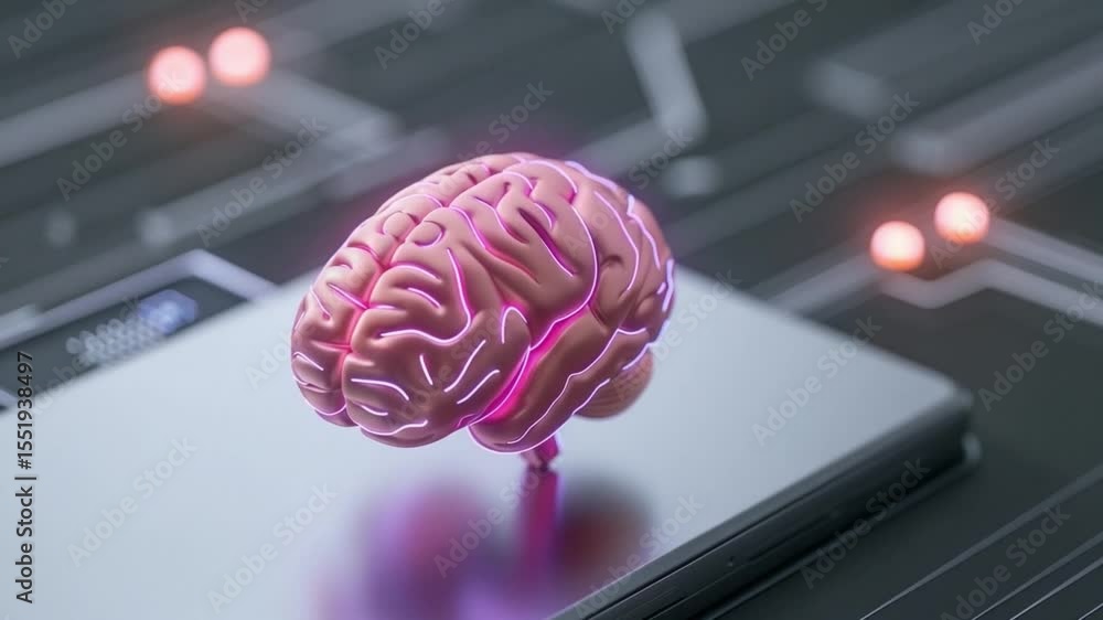 Aufkleber Digital Brain: A luminous artificial brain, rendered with intricate detail and glowing with internal light, rests atop a sleek digital circuit board.