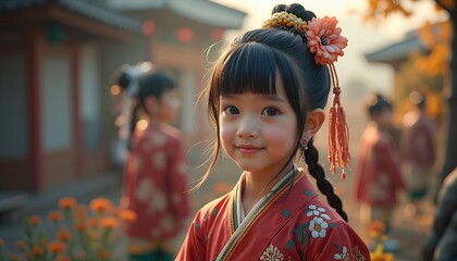 Girl in Traditional Dress with Flower in Hair