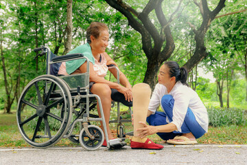 Obraz premium Daughter caring an elderly disabled woman who has had her legs amputated and is in a wheelchair and is being treated diabetes holds prosthetic leg to be fitted relieve her disability.