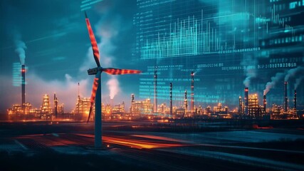 A wind turbine stands in the foreground while industrial facilities and digital data visuals illuminate the night landscape - Powered by Adobe