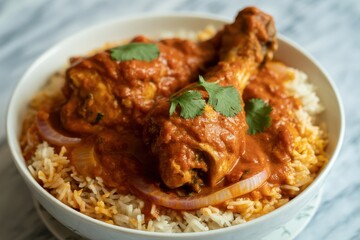 Fototapeta premium Bowl of rice topped with chicken pieces, red sauce, cilantro, and onion slices close up view