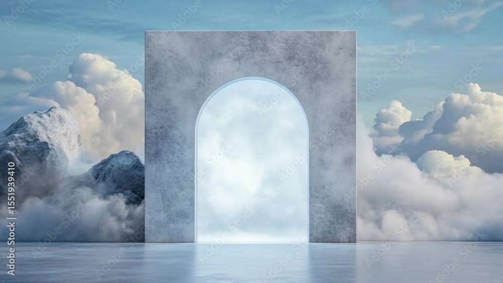 Poster Portal to Dreams: An ethereal archway against a backdrop of fluffy clouds and a serene sky, symbolizing infinite possibilities and a gateway to new beginnings.