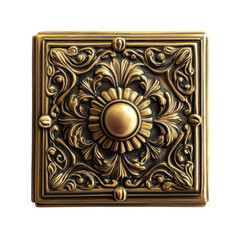 Ornate square metal plate with floral pattern design on transparent background