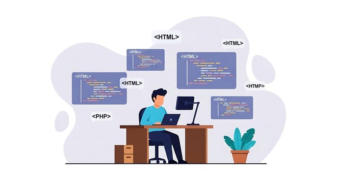 Person Coding at Desk with Multiple Programming Screens