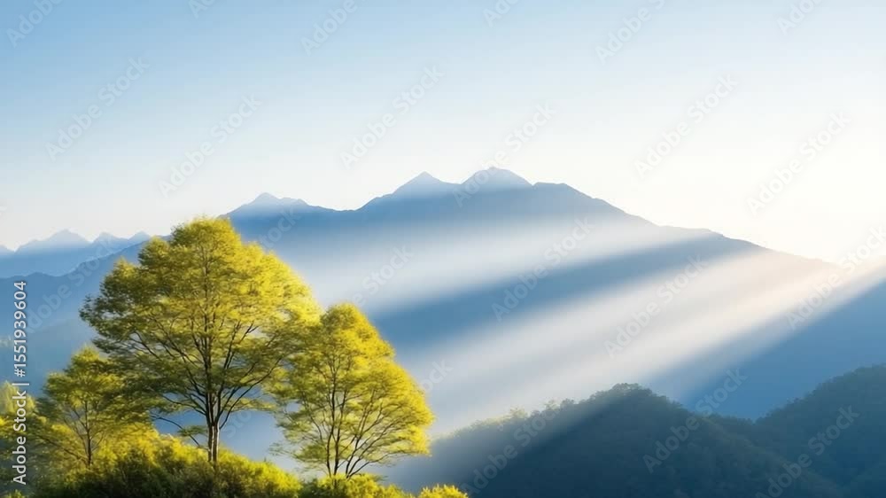 Poster sunlit mountains: sunlight streams through the atmosphere, illuminating a majestic mountain range an