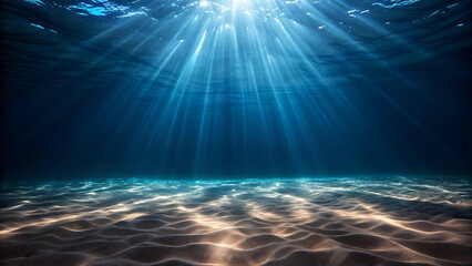 Obraz premium Ocean floor underwater scene: sun rays illuminate sandy seabed