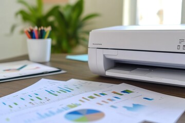 Photo of a printer printing graphs and charts on paper, with an office desk in the background.
